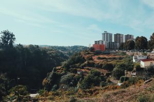 A few small buildings that look similar to a hotel or apartment complexes sit atop a green hill overlooking a valley