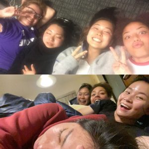 Two photos of two groups of girls, including the author, lying on the floor and smiling up at the camera.