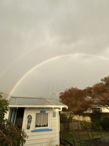 A beautiful, full rainbow over the backyard and a grey sky.