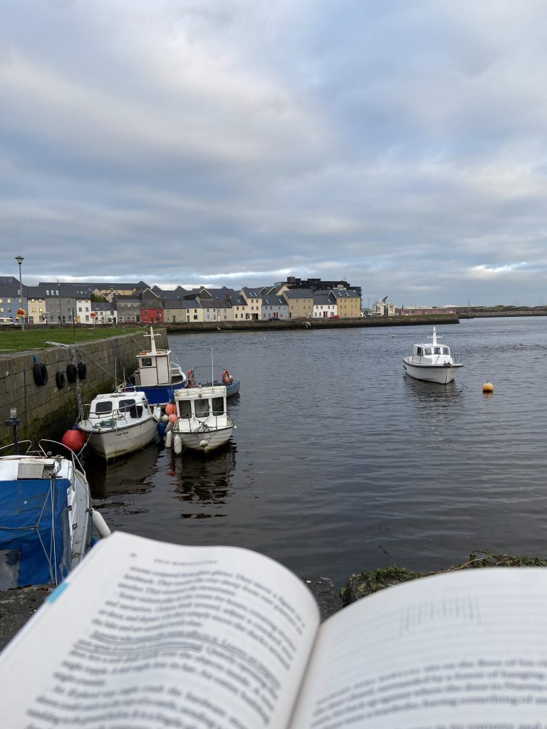 Open book, and harbor with a few boats in the water. colorful buildings in the background.
