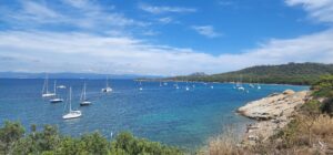 View from the clifftops overlooking the Mediterranean Sea. Sailboats wade in the deep blue waters as little specks of people lounge on the beach below