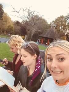 Three girls in St Stephen's Green. Cara (left), Sofia (middle), Megan (end). Pavilion in the distance. Autumn day, 