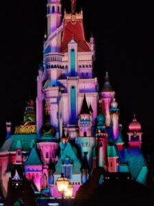 Picture of the lit castle at Hong Kong Disney, right before the light show.