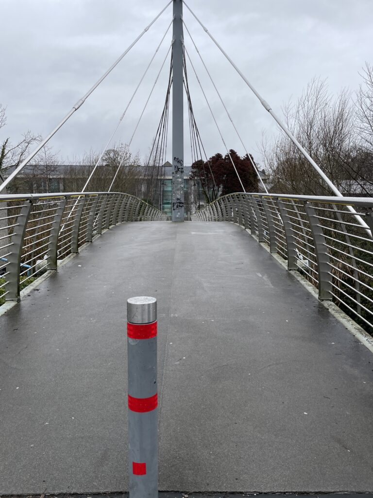 a picture of a silver metallic suspension bridge