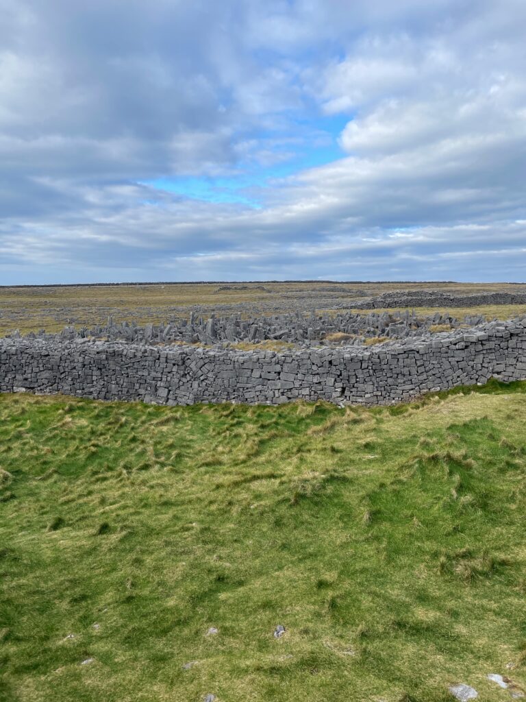 a stone wall with loose stone piles just beyond it