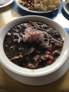 Pictured is a bowl of Ceviche, which is a traditional soup in Ecuador. This soup appears very dark in color with vegetables and fish.