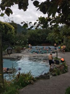 Pictured are the Papallacta hot springs, which resemble in-ground pools. In these pools are a large group of people enjoying themselves and the water. Surrounding this pools are mountains, trees, and other greenery.