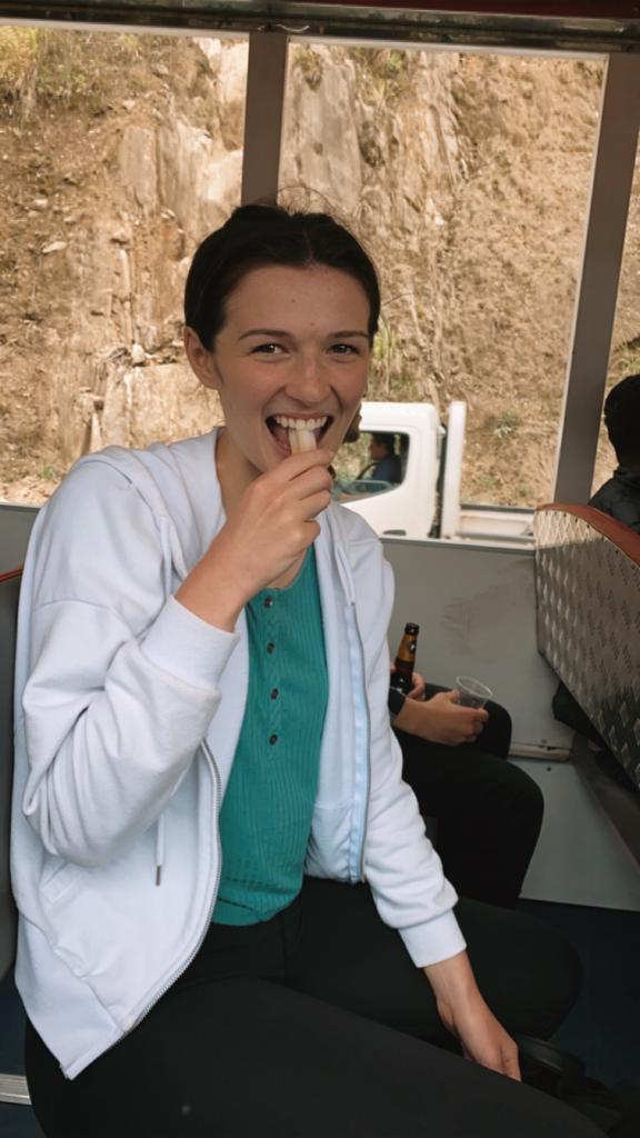 Pictured is me sitting in the Banos party bus eating my first ever sugar cane. In the picture, I am in mid-bite 