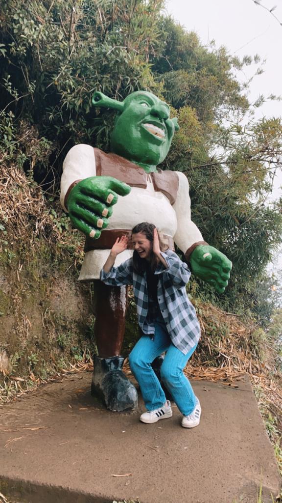 Pictured is me next to a gaint structure of Shrek. in the photo, shrek is standing with his arms extended while I am crouching underneath his hands looking scared. 