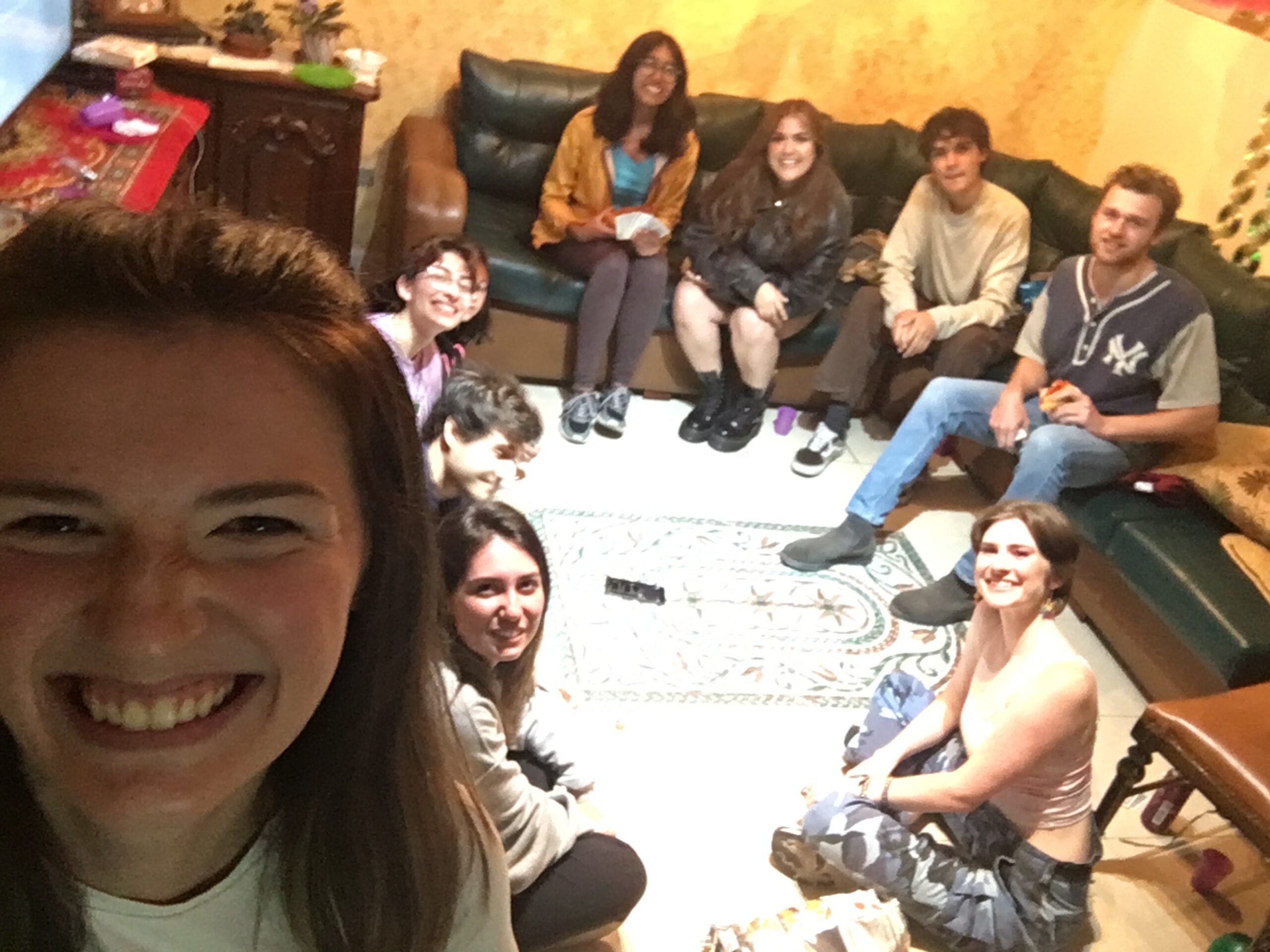 Pictured here is a selfie of myself with many of my international friends. All of us are sitting in a circle enjoying Ellie's birthday party. 