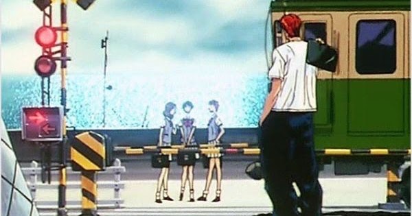 Frame from the anime "Slam Dunk", some students are waiting as the train passes, the ocean glimmering in the background.