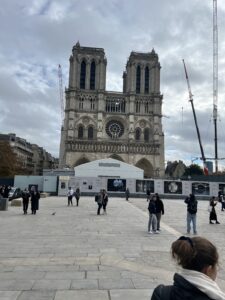 A wide open square with a few people standing in it in the foreground. In the background is the Notre Dame standing very tall in a partly cloudy sky