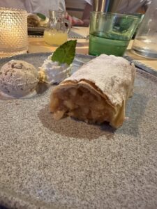 A photo of the famous dish, apple strudel with a side of whipped cream and cinnamon ice cream. 