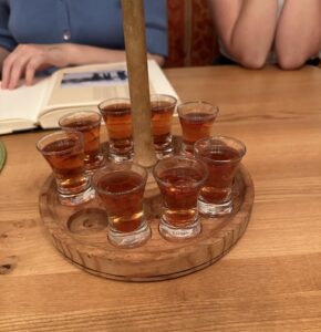 A photo of homemade schnapps presented to the Linfield gang as a gift on the last night of their stay in Dorfgastein at their bed and breakfast. 