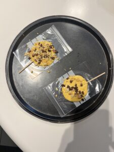 A round flat plate with two flattened bags on top. Atop those bags are two chocolate lollipops decorated with chocolate shavings