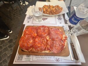 Large rectangular pizza with six large slices of salami on top in the foreground, a large plate of Gnocci with red sauce in the background