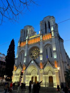 An image of the church, Notre Dame of Nice at dusk