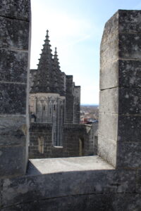 A gothic tower on the roof of the Palais des Papes framed by two stone columns