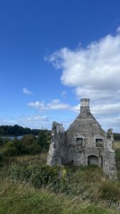 Remains of an old stone structure surrounded by greenery.