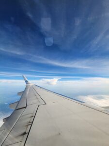 Bright blue sky over the airplane wing.