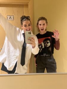 Two students dressed up in costumes