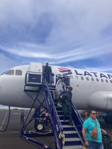 Disembarking a plane in the Galapagos