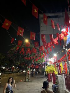 Vietnamese flags strung on wire at night.