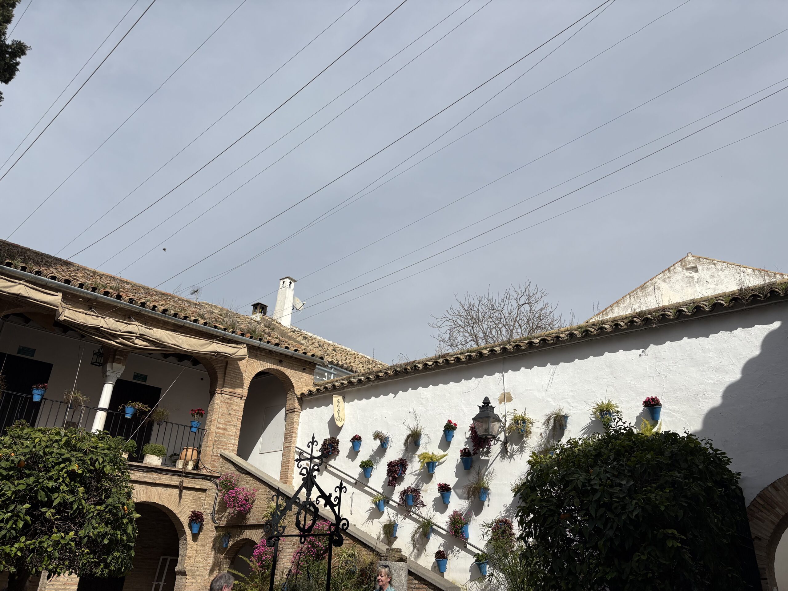 An outside garden in Córdoba, depicting as stark white wall above a staircase full of colorful flowers in blue pot holders, a beige stone building to the left and a slightly gray sky above