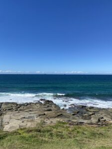 A view of the Sunshine Coast beach - dark blue sky above blue ocean with waves crashing on rocks with some greenery.